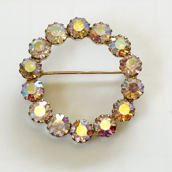Vintage Aurora Borealis Crystal Circle Brooch Pin Gold-Tone - Picture 1 of 5